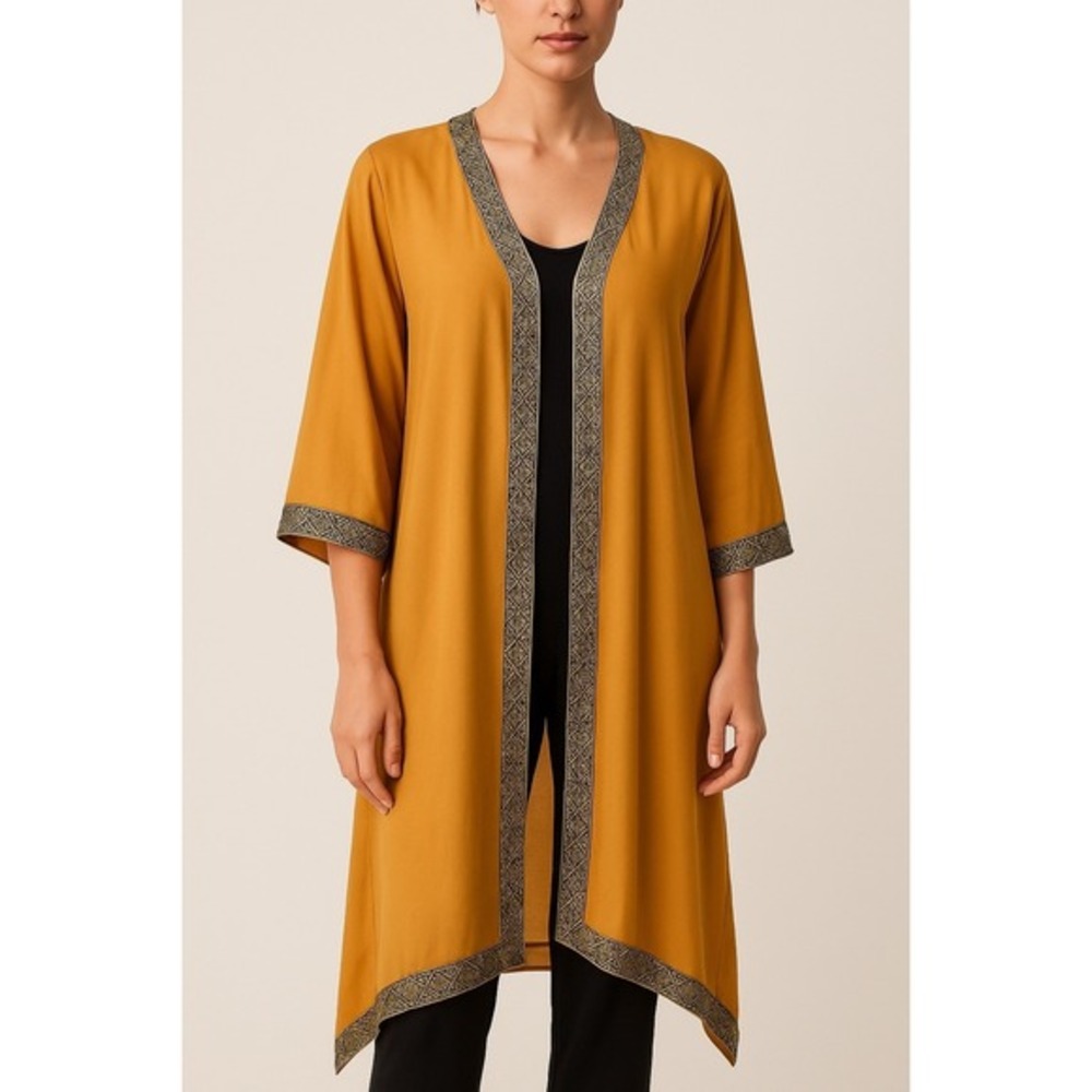 Ashro Mustard Yellow Embroidered Duster Cardigan Open Front XXL‎ Gold Trim 82-13